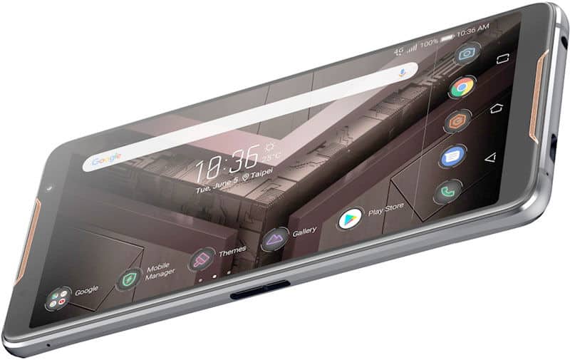 Asus ROG Phone front view, angled perspective, displaying home screen with time 19:36 and app icons along the right edge