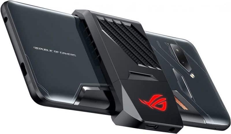 Asus ROG Phone rear view with detachable gaming controller attachment, showing "Republic of Gamers" branding and red ROG logo on dark gray casing