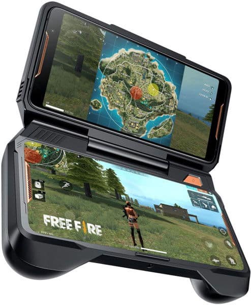 Asus ROG Phone held in landscape position with game controller grip, displaying Free Fire gameplay on lower screen and map view on upper screen