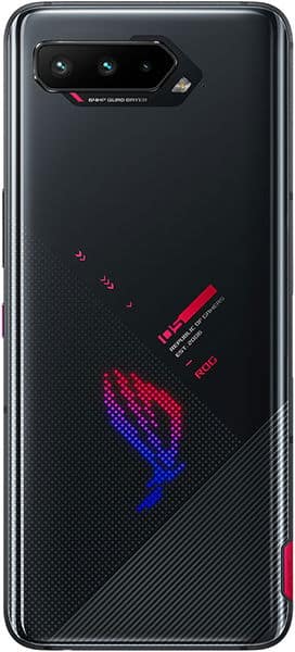 Asus ROG Phone 5 rear view, black with triple camera setup, gaming-themed graphics in red and blue
