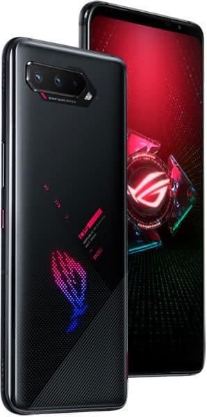 Asus ROG Phone 5 shown from rear and front, displaying black back with neon pink and blue ROG logo, and red gradient screen with gaming interface