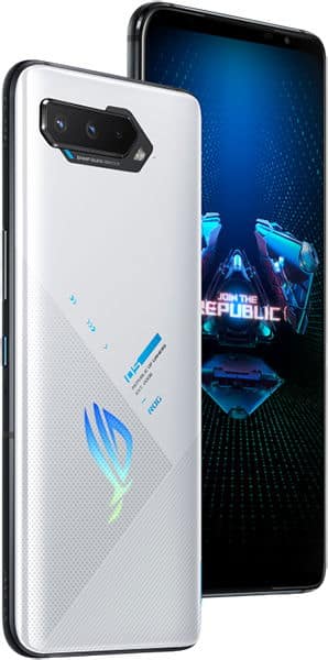 Asus ROG Phone 5 in white, rear view, showing dual camera array and blue geometric logo design on back panel