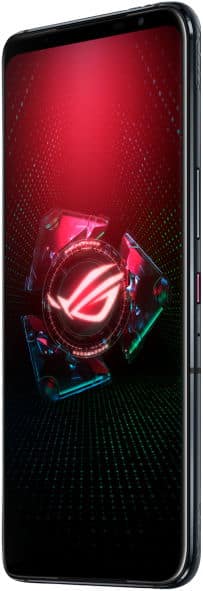 Asus ROG Phone 5 front view, screen displaying red neon gaming logo on dark background