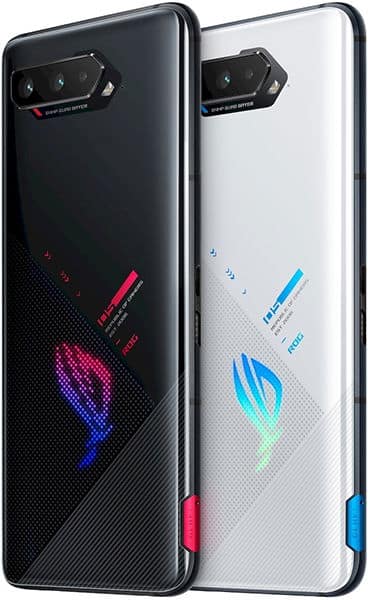 Asus ROG Phone 5s rear view, black and white models side by side with hexagonal ROG logo and racing stripe design