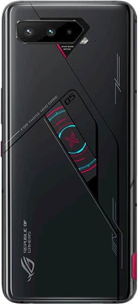 Asus ROG Phone 5s rear view, black with gaming-themed graphics and triple camera array at top