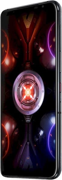 Asus ROG Phone 5s front view with display showing glowing red and purple lighting effects and central circular emblem