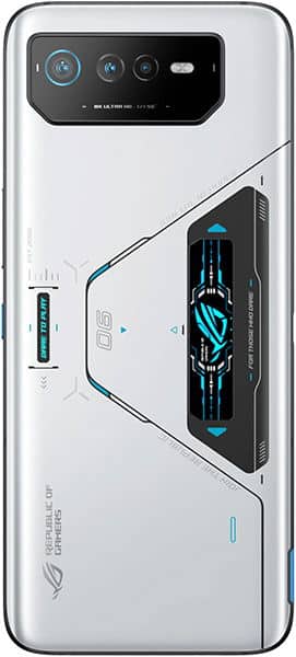 Asus ROG Phone 6 Pro rear view showing white back panel with camera module, cooling system, and blue accent details