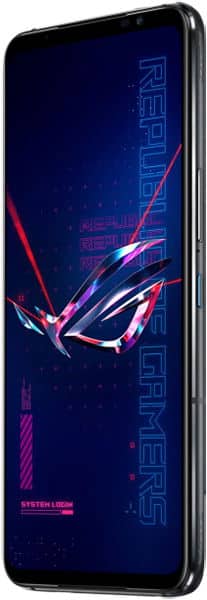 Asus ROG Phone 6 Pro front view, displaying dark blue screen with neon red and purple gaming graphics and ROG logo