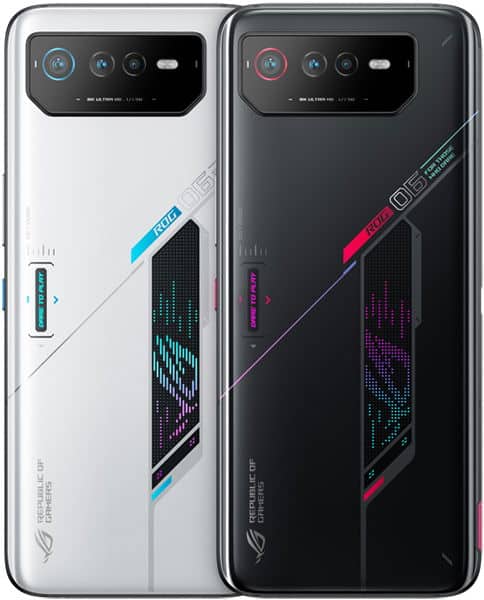 Asus ROG Phone 6 rear view, white and black models side by side with camera array and angular design elements