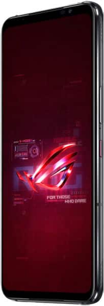 Asus ROG Phone 6 front view with illuminated red gaming logo and interface on dark screen