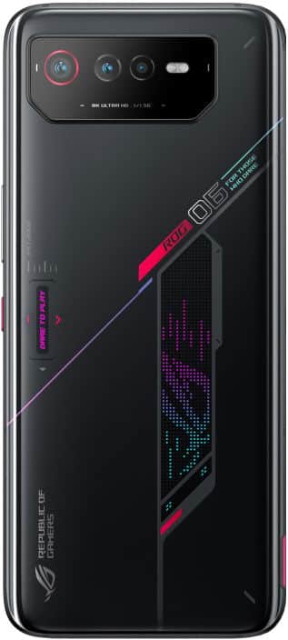 Asus ROG Phone 6 rear view, showing triple camera setup and illuminated RGB logo design with pink and blue accents on black back panel