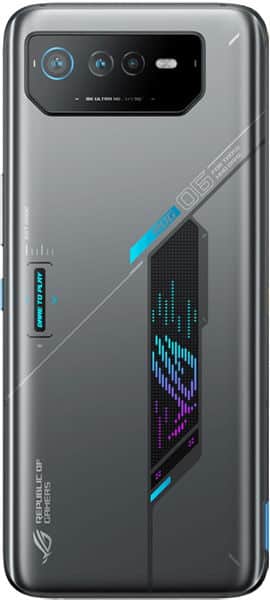 Asus ROG Phone 6D rear view showing triple camera array, cooling system vents, and illuminated ROG logo design in gray and cyan