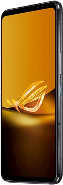 Asus ROG Phone 6D, front view, with golden ROG logo glowing on screen against dark background