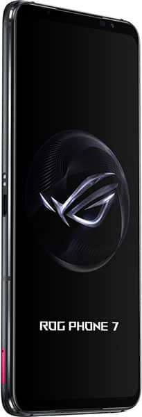 Asus ROG Phone 7 displayed at an angle, showing its front screen with the ROG logo and branding text on a black background