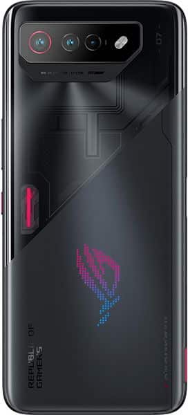 Asus ROG Phone 7 rear view, black with camera array and red accent stripe on side