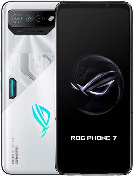 Asus ROG Phone 7 rear and front view, white back with cyan ROG logo, quad camera array, and display showing ROG Phone 7 logo