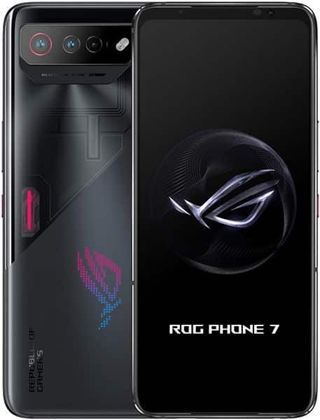 Asus ROG Phone 7 front and rear view, black with ROG logo on screen and side design with red accent