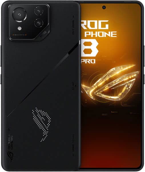 Asus ROG Phone 8 Pro, front and rear view, showing black back with ROG logo and triple camera setup, orange display with ROG branding