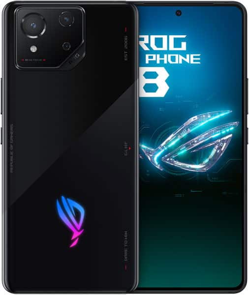 Asus ROG Phone 8 front and rear view, black with blue-pink logo, dual camera setup, and ROG branding on display
