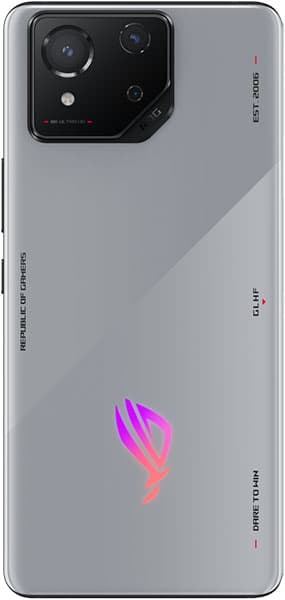 Asus ROG Phone 8 rear view, silver with gradient design, large camera module, ROG logo in pink and purple gradient