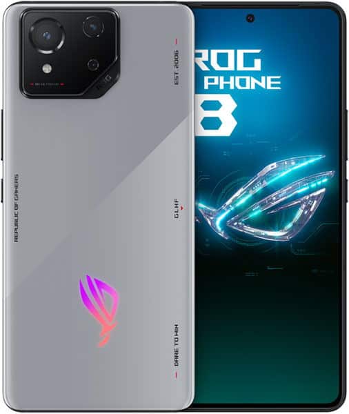 Asus ROG Phone 8 front and rear view, silver with black camera module and gradient ROG logo, screen displaying ROG Phone 8 branding