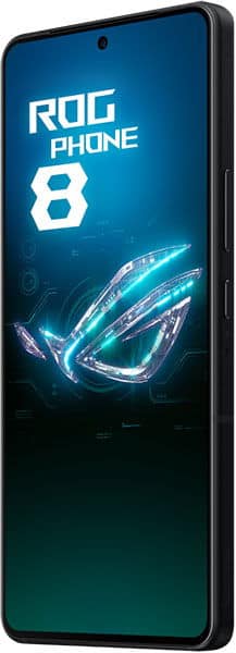 Asus ROG Phone 8 front view, displaying blue startup screen with ROG logo and glowing geometric design