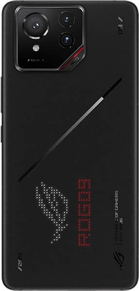 Asus ROG Phone 9 Pro rear view, black with triple camera module, stylus, and red ROG branding