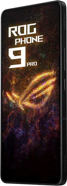 Asus ROG Phone 9 Pro front view displaying illuminated ROG logo and gaming-themed abstract graphics on screen