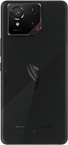 Rear view of Asus ROG Phone 9: textured black finish, triple-lens rectangular camera module, centered ROG logo.