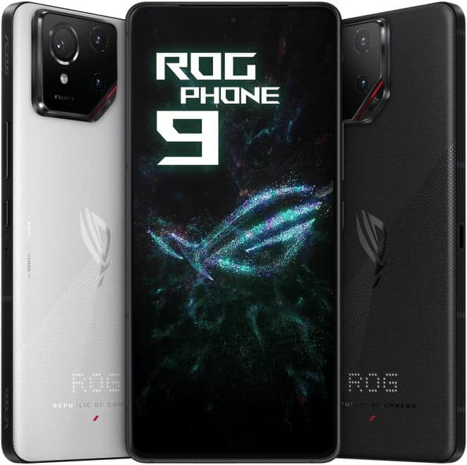 Asus ROG Phone 9 shown front-facing with screen on, and rear views in white and black highlighting cameras and ROG logo.