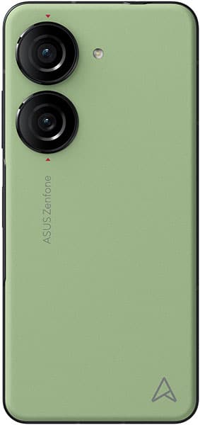 Asus Zenfone 10 rear view, sage green, dual camera setup with black lenses, "ASUS Zenfone" text on left edge