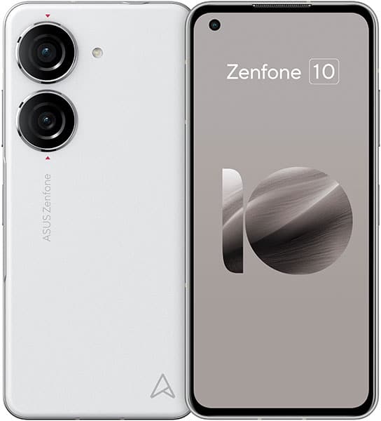 Asus Zenfone 10 front and rear view, white model showing dual rear cameras and display with Zenfone 10 logo