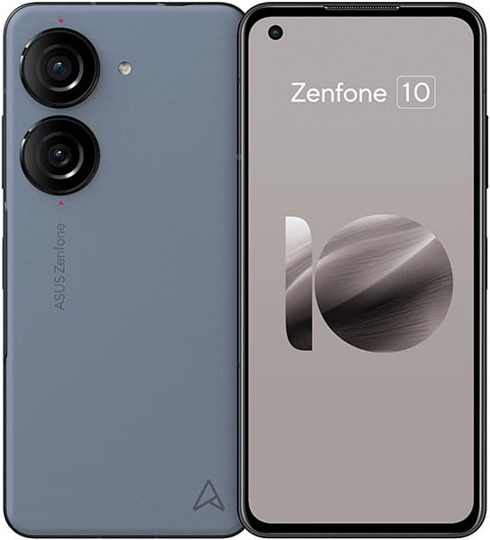 Asus Zenfone 10 front and rear view, blue-gray finish with dual rear cameras and centered front camera on display showing logo