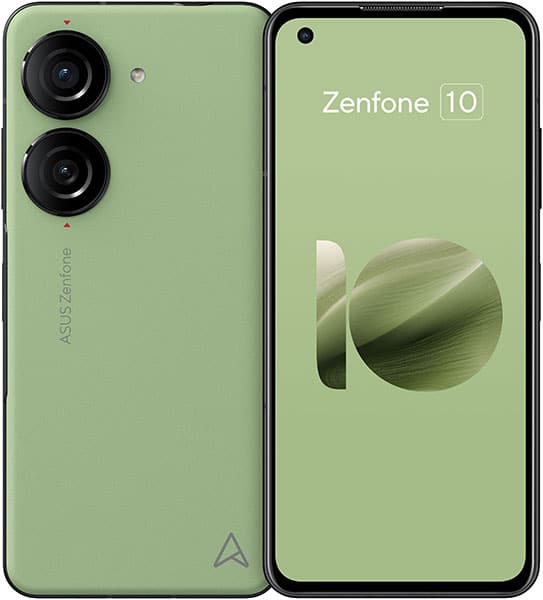 Asus Zenfone 10 front and rear view, sage green with dual rear cameras and illuminated display showing product name and logo