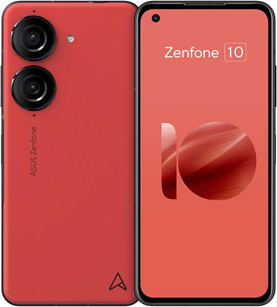 Asus Zenfone 10 in red, front and rear view showing dual rear cameras and display with Zenfone 10 logo