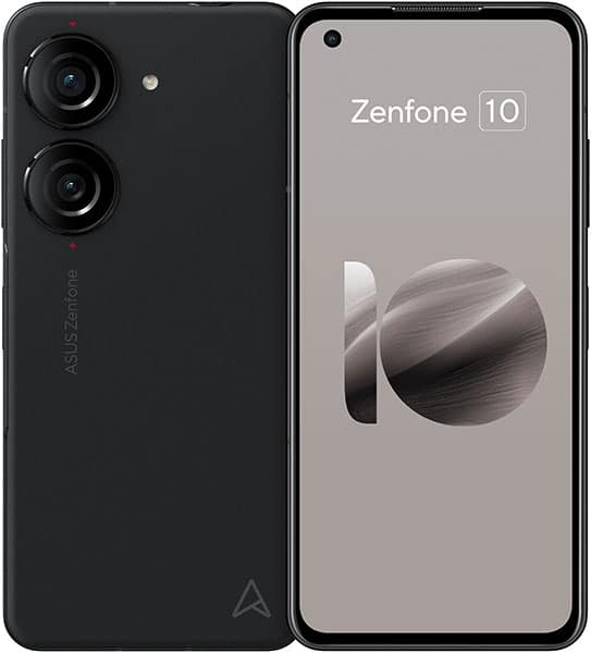 Asus Zenfone 10 front and rear view, black, showing dual rear cameras and display with logo