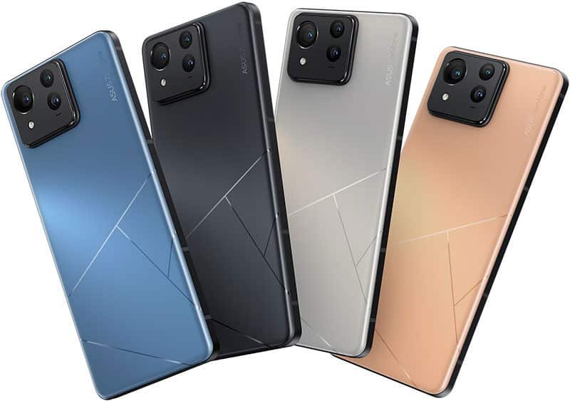 Asus Zenfone 11 Ultra rear view in four color variants: blue, black, silver, and peach, each showing dual camera setup and geometric design