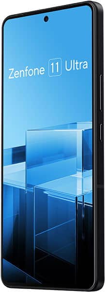Asus Zenfone 11 Ultra front view with blue gradient display showing device name and geometric design elements on screen