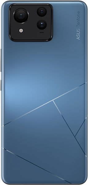 Asus Zenfone 11 Ultra rear view, blue finish with geometric line pattern and triple camera module