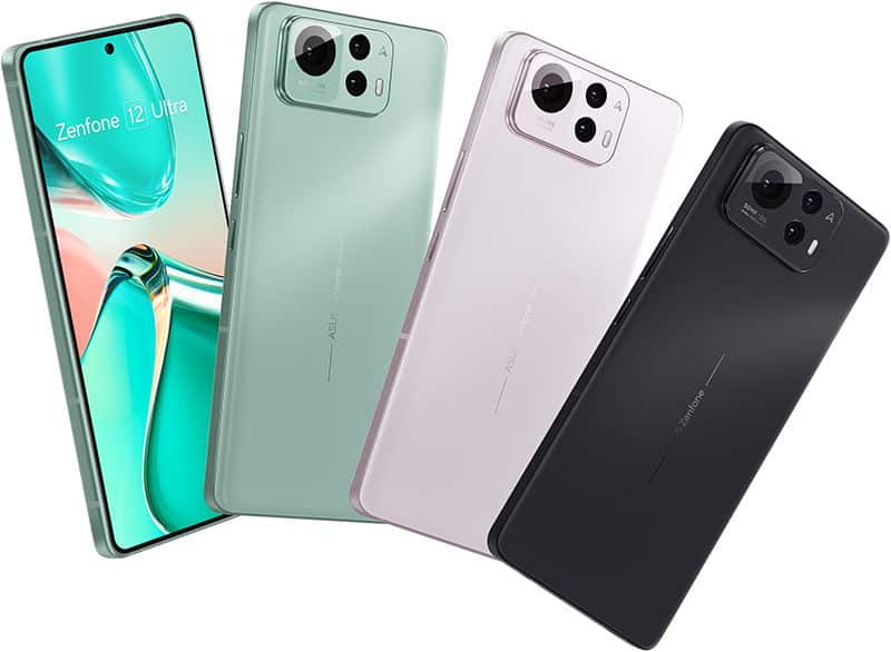 Asus Zenfone 12 Ultra in four color variants showing front display and rear camera module design