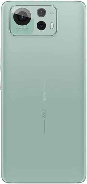 Asus Zenfone 12 Ultra rear view, sage green back with large rectangular camera module containing three lenses