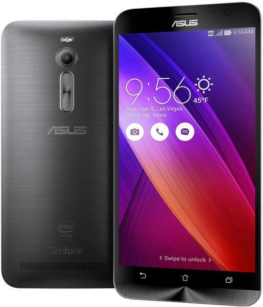 Asus ZenFone 2 front and rear view, black finish, displaying colorful purple gradient lock screen with time, weather, and app icons