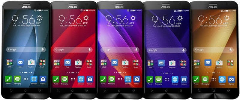 Five Asus ZenFone 2 phones displayed front-on in a row, each with different colored wallpapers: blue, red, purple, dark purple, and gold