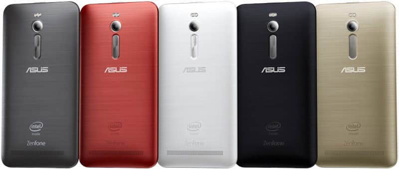 Asus ZenFone 2 rear view in five color options: dark gray, red, white, black, and champagne gold