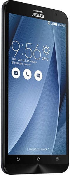 Asus ZenFone 2 front view displaying home screen with time, weather, and app icons on blue interface