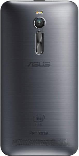 Asus ZenFone 2 rear view, showing camera, speaker grille, and brushed metal back in dark gray
