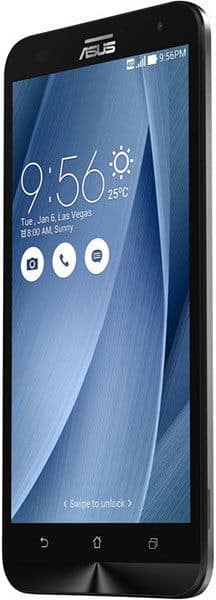 Asus ZenFone 2 Laser front view, black smartphone displaying home screen with time, weather, and app icons