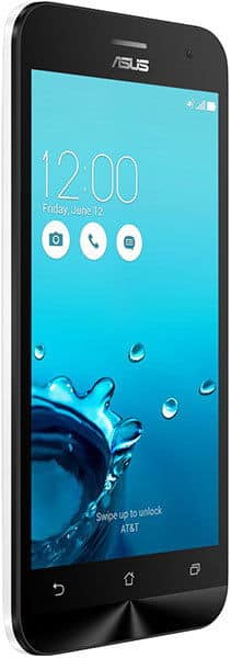 Asus ZenFone 2E front view, black smartphone with turquoise lock screen displaying time 12:00 and water droplet design