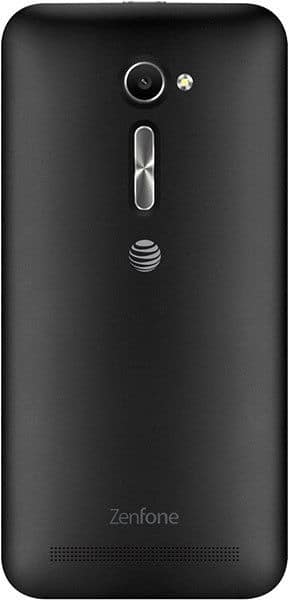 Asus ZenFone 2E rear view, black phone with camera, flash, power button, and speaker grille visible