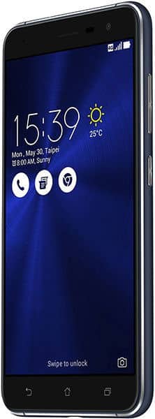 Front view of black Asus ZenFone 3 with blue lock screen showing 15:39, May 30, Taipei weather (sunny, 25°C).